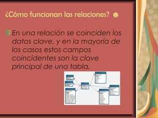 ¿Cómo funcionan las relaciones? ☻
En una relación se coinciden los
datos clave, y en la mayoría de
los casos estos campos
coincidentes son la clave
principal de una tabla.
 