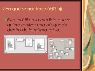 ¿En qué se nos hace útil? ☻
Esto es útil en la medida que se
quiere realizar una búsqueda
dentro de la misma tabla.
 