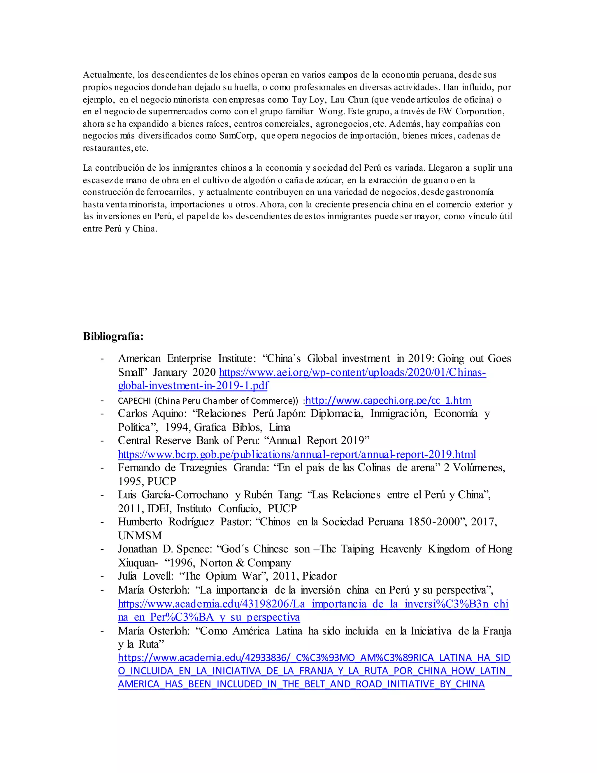 Relaciones de Peru con China, inmigracion china y la IFR | DOCX