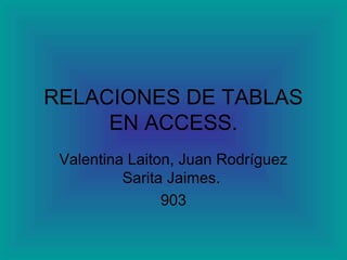 RELACIONES DE TABLAS
EN ACCESS.
Valentina Laiton, Juan Rodríguez
Sarita Jaimes.
903
 