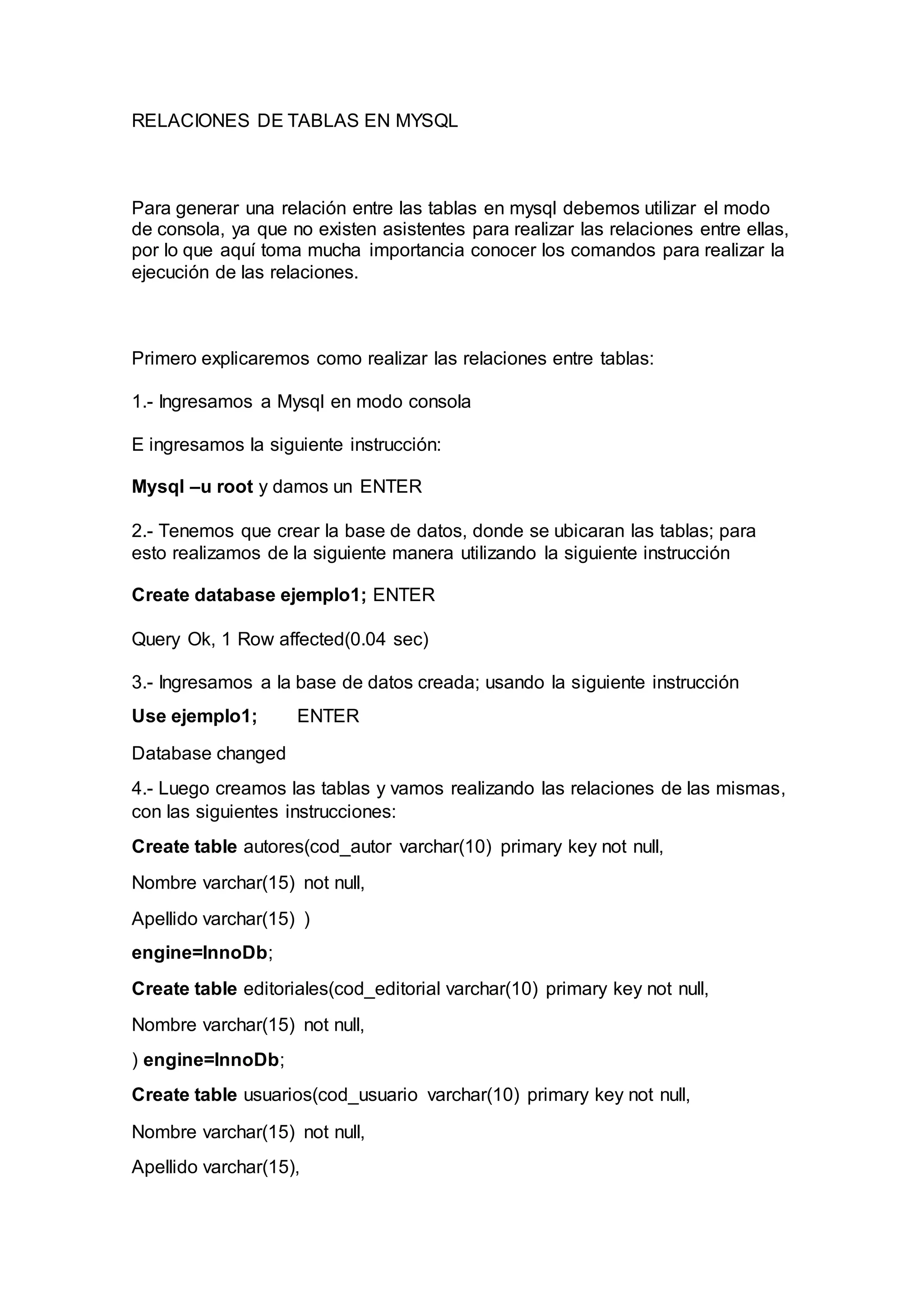 Relacion de tablas en Mysql con claves primarias y foraneas PDF