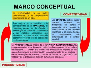 Para mejorar la productividad y la competitividad de las  NACIONES , es necesario pensar en la Ciencia y Tecnología en donde el conocimiento y sus múltiples aplicaciones son elementos centrales para el desarrollo económico y social de las sociedades contemporáneas. La  PRODUCTIVIDAD  media de la  EMPRESA   LATINOAMERICANA  es apenas un tercio de la correspondiente a las empresas de los países desarrollados.  Cerrar esta brecha de productividad requiere de un gran esfuerzo hacia la modernización tecnológica tanto de los equipos y de las tecnologías de proceso, como de las formas de organización del trabajo y de la producción, también sumamente atrasados.  MARCO CONCEPTUAL Los  ESTADOS , deben buscar procurar aumentar sus inversiones en ciencia y tecnología para mejorar la productividad de sus entorno económico y al mismo tiempo ser relativamente más competitivos en el ámbito mundial. PRODUCTIVIDAD COMPETITIVIDAD La p roductividad es un factor determinante de la competitividad internacional de un país. 