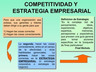 Para que una organización sea exitosa, sus gerentes y líderes deben dirigir a su gente para que:  1) Hagan las cosas correctas 2) Hagan las cosas correctamente.  COMPETITIVIDAD Y  ESTRATEGIA EMPRESARIAL La  segunda , hacer las cosas correctamente, entra en el campo de la efectividad, y otras habilidades gerenciales.  La  primera , hacer las cosas correctas, es la  ESTRATEGIA EMPRESARIAL  (o estrategia corporativa o estrategia de negocio).  Definicion de Estrategia: “ Es la compleja red de pensamientos, ideas, experiencias, objetivos, experticia, memorias, percepciones y expectativas que proveen una guía general para tomar acciones específicas en la búsqueda de fines particulares”  Fred Nichols .  