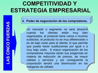 LAS CINCO FUERZAS COMPETITIVIDAD Y  ESTRATEGIA EMPRESARIAL 4.  Poder de negociación de los compradores.  Un mercado o segmento no será atractivo cuando los clientes están muy bien organizados, el producto tiene varios o muchos sustitutos, el producto no es muy diferenciado o es de bajo costo para el cliente, lo que permite que pueda hacer sustituciones por igual o a muy bajo costo.  A mayor organización de los compradores mayores serán sus exigencias en materia de reducción de precios, de mayor calidad y servicios y por consiguiente la corporación tendrá una disminución en los márgenes de utilidad.  
