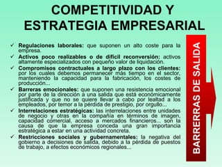 Regulaciones laborales:  que suponen un alto coste para la empresa.  Activos poco realizables o de difícil reconversión:  activos altamente especializados con pequeño valor de liquidación.  Compromisos contractuales a largo plazo con los clientes:  por los cuales debemos permanecer más tiempo en el sector, manteniendo la capacidad para la fabricación, los costes de producción...  Barreras emocionales:  que suponen una resistencia emocional por parte de la dirección a una salida que está económicamente justificada y que no se quiere llevar a cabo por lealtad a los empleados, por temor a la pérdida de prestigio, por orgullo...  Interrelaciones estratégicas:  las interrelaciones entre unidades de negocio y otras en la compañía en términos de imagen, capacidad comercial, acceso a mercados financieros... son la causa de que la empresa conceda una gran importancia estratégica a estar en una actividad concreta.  Restricciones sociales y gubernamentales:  la negativa del gobierno a decisiones de salida, debido a la pérdida de puestos de trabajo, a efectos económicos regionales...  COMPETITIVIDAD Y  ESTRATEGIA EMPRESARIAL BARRERRAS DE SALIDA 