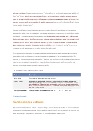 eliminan registros.), Access muestra asimismo "1" sobre la línea de combinación para indicar la tabla del 
lado "uno" de una relación uno a varios (relación uno a varios: asociación entre dos tablas en la que el 
valor de clave principal de cada registro de la tabla principal se corresponde con el valor del campo o los 
campos coincidentes de varios registros de la tabla relacionada.) así como el símbolo de infinito (∞) para 
indicar la tabla del lado "varios". 
Aunque no se hayan creado relaciones, Access crea automáticamente combinaciones internas si se 
agregan dos tablas a una consulta y cada una de esas tablas tiene un campo con un tipo de datos igual o 
compatible y uno de los campos combinados es una clave principal (clave principal: uno o más campos 
(columnas) cuyos valores identifican de manera exclusiva cada registro de una tabla. Una clave principal 
no puede permitir valores Nulo y debe tener s iempre un índice exclusivo. Una clave principal se utiliza 
para relacionar una tabla con claves externas de otras tablas.). Los símbolos de "uno" y "varios" no se 
muestran en este caso porque no se aplica la integridad referencial. 
Si se agregan consultas a una consulta y no se crean relaciones entre esas consultas, Access no crea 
automáticamente combinaciones internas entre esas consultas o entre las consultas y las tablas. En 
general, es el usuario quien tiene que crearlas. Para crear una combinación interna, se arrastra un campo 
de un origen de datos a un campo de otro origen de datos. Access muestra una línea entre los dos 
campos para indicar que se ha creado una combinación. 
Sintaxis SQL para una combinación interna 
Parte Descripción 
tabla1, tabla2 Nombres de las tablas cuyos registros se combinan. 
campo1, campo2 Nombres de los campos que se combinan. Si no son numéricos, los campos deben ser del 
mismo tipo de datos (tipo de datos: característica de un campo que determina el tipo de datos 
que puede albergar. Los tipos de datos son: Booleano, Entero, Largo, Moneda, Simple, Doble, 
Fecha, Cadena y Variant (predeterminado).) y contener la misma clase de datos, pero no tienen 
que tener el mismo nombre. 
operadordecomparación Cualquier operador de comparación relacional: "=", "<", ">", "<=", ">=" o "<>". 
Volver al principio 
Combinaciones externas 
Las combinaciones externas indican a una consulta que, si bien algunas de las filas en ambos lados de la 
combinación coinciden exactamente, la consulta debe incluir todas las filas de una tabla así como las filas 
de la otra tabla que comparten un valor común en ambos lados de la combinación. 
 