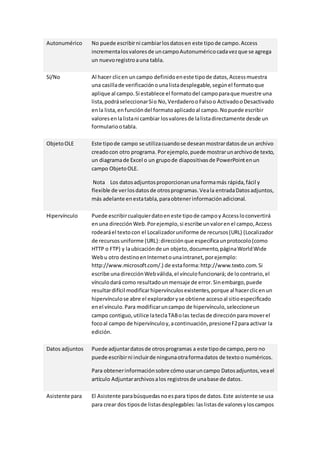 Autonumérico No puede escribir ni cambiar los datos en este tipo de campo. Access 
incrementa los valores de un campo Autonumérico cada vez que se agrega 
un nuevo registro a una tabla. 
Sí/No Al hacer clic en un campo definido en este tipo de datos, Access muestra 
una casilla de verificación o una lista desplegable, según el formato que 
aplique al campo. Si establece el formato del campo para que muestre una 
lista, podrá seleccionar Sí o No, Verdadero o Falso o Activado o Desactivado 
en la lista, en función del formato aplicado al campo. No puede escribir 
valores en la lista ni cambiar los valores de la lista directamente desde un 
formulario o tabla. 
Objeto OLE Este tipo de campo se utiliza cuando se desean mostrar datos de un archivo 
creado con otro programa. Por ejemplo, puede mostrar un archivo de texto, 
un diagrama de Excel o un grupo de diapositivas de PowerPoint en un 
campo Objeto OLE. 
Nota Los datos adjuntos proporcionan una forma más rápida, fácil y 
flexible de ver los datos de otros programas. Vea la entrada Datos adjuntos, 
más adelante en esta tabla, para obtener información adicional. 
Hipervínculo Puede escribir cualquier dato en este tipo de campo y Access lo convertirá 
en una dirección Web. Por ejemplo, si escribe un valor en el campo, Access 
rodeará el texto con el Localizador uniforme de recursos (URL) (Localizador 
de recursos uniforme (URL): dirección que especifica un protocolo (como 
HTTP o FTP) y la ubicación de un objeto, documento, página World Wide 
Web u otro destino en Internet o una intranet, por ejemplo: 
http://www.microsoft.com/.) de esta forma: http://www.texto.com. Si 
escribe una dirección Web válida, el vínculo funcionará; de lo contrario, el 
vínculo dará como resultado un mensaje de error. Sin embargo, puede 
resultar difícil modificar hipervínculos existentes, porque al hacer clic en un 
hipervínculo se abre el explorador y se obtiene acceso al sitio especificado 
en el vínculo. Para modificar un campo de hipervínculo, seleccione un 
campo contiguo, utilice la tecla TAB o las teclas de dirección para mover el 
foco al campo de hipervínculo y, a continuación, presione F2 para activar la 
edición. 
Datos adjuntos Puede adjuntar datos de otros programas a este tipo de campo, pero no 
puede escribir ni incluir de ninguna otra forma datos de texto o numéricos. 
Para obtener información sobre cómo usar un campo Datos adjuntos, vea el 
artículo Adjuntar archivos a los registros de una base de datos. 
Asistente para El Asistente para búsquedas no es para tipos de datos. Este asistente se usa 
para crear dos tipos de listas desplegables: las listas de valores y los campos 
 