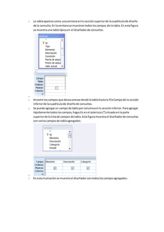 La tabla aparece como una ventana en la sección superior de la cuadrícula de diseño 
de la consulta. En la ventana se muestran todos los campos de la tabla. En esta figura 
se muestra una tabla típica en el diseñador de consultas: 
Arrastre los campos que desea anexar desde la tabla hasta la fila Campo de la sección 
inferior de la cuadrícula de diseño de consultas. 
Se puede agregar un campo de tabla por columna en la sección inferior. Para agregar 
rápidamente todos los campos, haga clic en el asterisco (*) situado en la parte 
superior de la lista de campos de tabla. Esta figura muestra el diseñador de consultas 
con varios campos de tabla agregados: 
En esta ilustración se muestra el diseñador con todos los campos agregados: 
 