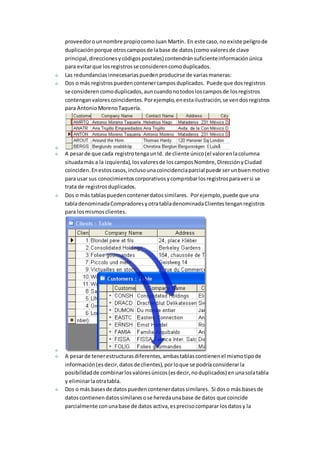 proveedor o un nombre propio como Juan Martín. En este caso, no existe peligro de 
duplicación porque otros campos de la base de datos (como valores de clave 
principal, direcciones y códigos postales) contendrán suficiente información única 
para evitar que los registros se consideren como duplicados. 
Las redundancias innecesarias pueden producirse de varias maneras: 
Dos o más registros pueden contener campos duplicados. Puede que dos registros 
se consideren como duplicados, aun cuando no todos los campos de los registros 
contengan valores coincidentes. Por ejemplo, en esta ilustración, se ven dos registros 
para Antonio Moreno Taquería. 
A pesar de que cada registro tenga un Id. de cliente único (el valor en la columna 
situada más a la izquierda), los valores de los campos Nombre, Dirección y Ciudad 
coinciden. En estos casos, incluso una coincidencia parcial puede ser un buen motivo 
para usar sus conocimientos corporativos y comprobar los registros para ver si se 
trata de registros duplicados. 
Dos o más tablas pueden contener datos similares. Por ejemplo, puede que una 
tabla denominada Compradores y otra tabla denominada Clientes tengan registros 
para los mismos clientes. 
A pesar de tener estructuras diferentes, ambas tablas contienen el mismo tipo de 
información (es decir, datos de clientes), por lo que se podría considerar la 
posibilidad de combinar los valores únicos (es decir, no duplicados) en una sola tabla 
y eliminar la otra tabla. 
Dos o más bases de datos pueden contener datos similares. Si dos o más bases de 
datos contienen datos similares o se hereda una base de datos que coincide 
parcialmente con una base de datos activa, es preciso comparar los datos y la 
 