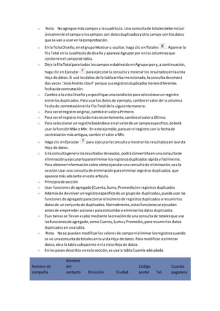 Nota No agregue más campos a la cuadrícula. Una consulta de totales debe incluir 
únicamente el campo o los campos con datos duplicados y otro campo con los datos 
que se van a usar en la comprobación. 
En la ficha Diseño, en el grupo Mostrar u ocultar, haga clic en Totales . Aparece la 
fila Total en la cuadrícula de diseño y aparece Agrupar por en las columnas que 
contienen el campo de tabla. 
Deje la fila Total para todos los campos establecida en Agrupar por y, a continuación, 
haga clic en Ejecutar para ejecutar la consulta y mostrar los resultados en la vista 
Hoja de datos. Si usó los datos de la tabla arriba mencionada, la consulta devolverá 
dos veces "José Andrés Dosil" porque sus registros duplicados tienen diferentes 
fechas de contratación. 
Cambie a la vista Diseño y especifique una condición para seleccionar un registro 
entre los duplicados. Para usar los datos de ejemplo, cambie el valor de l a columna 
Fecha de contratación en la fila Total de la siguiente manera: 
Para ver el registro original, cambie el valor a Primero. 
Para ver el registro incluido más recientemente, cambie el valor a Último. 
Para seleccionar un registro basándose en el valor de un campo específico, deberá 
usar la función Máx o Mín. En este ejemplo, para ver el registro con la fecha de 
contratación más antigua, cambie el valor a Mín. 
Haga clic en Ejecutar para ejecutar la consulta y mostrar los resultados en la vista 
Hoja de datos. 
Si la consulta genera los resultados deseados, podrá convertirla en una consulta de 
eliminación y ejecutarla para eliminar los registros duplicados rápida y fácilmente. 
Para obtener información sobre cómo ejecutar una consulta de eliminación, vea la 
sección Usar una consulta de eliminación para eliminar registros duplicados, que 
aparece más adelante en este artículo. 
Principio de sección 
Usar funciones de agregado (Cuenta, Suma, Promedio) en registros duplicados 
Además de devolver un registro específico de un grupo de duplicados, puede usar las 
funciones de agregado para contar el número de registros duplicados o resumir los 
datos de un conjunto de duplicados. Normalmente, estas funciones se ejecutan 
antes de emprender acciones para consolidar o eliminar los datos duplicados. 
Esas tareas se llevan a cabo mediante la creación de una consulta de totales que use 
las funciones de agregado, como Cuenta, Suma y Promedio, para resumir los datos 
duplicados en una tabla. 
Nota No se pueden modificar los valores de campo ni eliminar los registros cuando 
se ve una consulta de totales en la vista Hoja de datos. Para modificar o eliminar 
datos, abra la tabla subyacente en la vista Hoja de datos. 
En los pasos descritos en esta sección, se usa la tabla Cuantía adeudada. 
Nombre de 
compañía 
Nombre 
del 
contacto Dirección Ciudad 
Código 
postal Tel. 
Cuantía 
pagadera 
 