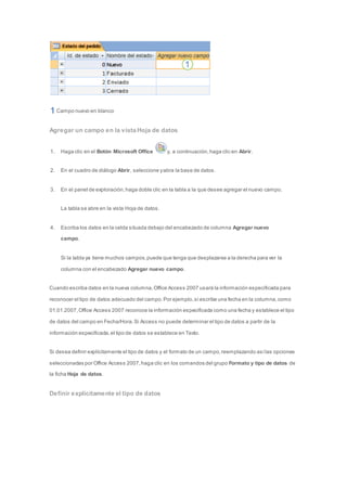 Campo nuevo en blanco 
Agregar un campo en la vista Hoja de datos 
1. Haga clic en el Botón Microsoft Office y, a continuación, haga clic en Abrir. 
2. En el cuadro de diálogo Abrir, seleccione y abra la base de datos. 
3. En el panel de exploración, haga doble clic en la tabla a la que desee agregar el nuevo campo. 
La tabla se abre en la vista Hoja de datos. 
4. Escriba los datos en la celda situada debajo del encabezado de columna Agregar nuevo 
campo. 
Si la tabla ya tiene muchos campos, puede que tenga que desplazarse a la derecha para ver la 
columna con el encabezado Agregar nuevo campo. 
Cuando escriba datos en la nueva columna, Office Access 2007 usará la información especificada para 
reconocer el tipo de datos adecuado del campo. Por ejemplo, si escribe una fecha en la columna, como 
01.01.2007, Office Access 2007 reconoce la información especificada como una fecha y establece el tipo 
de datos del campo en Fecha/Hora. Si Access no puede determinar el tipo de datos a partir de la 
información especificada, el tipo de datos se establece en Texto. 
Si desea definir explícitamente el tipo de datos y el formato de un campo, reemplazando así las opciones 
seleccionadas por Office Access 2007, haga clic en los comandos del grupo Formato y tipo de datos de 
la ficha Hoja de datos. 
Definir explícitamente el tipo de datos 
 