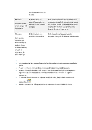 un valor que no está en 
la lista. 
Mensaje: 
Valor no válido 
en un campo del 
formulario. 
El destinatario ha 
especificado datos no 
válidos en uno o varios 
campos. 
Pida al destinatario que vuelva a enviar la 
respuesta después de cumplimentar todos 
los campos, o bien, rellene y guarde usted 
mismo el formulario y, a continuación, 
intente de nuevo exportarlo. 
Mensaje: 
La respuesta 
contiene un 
formulario que 
debe rellenar. 
Cuando termine, 
envíelo al 
remitente de 
este mensaje. 
El destinatario no 
rellenó el formulario. 
Pida al destinatario que envíe otra 
respuesta después de rellenar el formulario. 
Intente exportar la respuesta hasta que la columna Categorías muestre un cuadrado 
verde. 
Volver a enviar un mensaje de correo electrónico de recopilación de datos 
Si desea enviar el mensaje a más usuarios o si el mensaje original no ha llegado a 
algunos de los usuarios debido a errores, intente volver a enviarlo en lugar de 
reenviarlo. 
En la ficha Datos externos, en el grupo Recopilar datos, haga clic en Administrar 
respuestas. 
Aparece el cuadro de diálogo Administrar mensajes de recopilación de datos. 
 