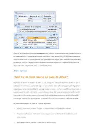 Cada fila recibe también el nombre de registro y cada columna se denomina también campo. Un registro 
es una forma lógica y coherente de combinar información sobre alguna cosa. Un campo es un elemento 
único de información: un tipo de elemento que aparece en cada registro. En la tabla Products (Productos), 
por ejemplo, cada fila o registro contendría información sobre un producto, y cada columna contendría 
algún dato sobre ese producto, como su nombre o el precio. 
Volver al principio 
¿Qué es un buen diseño de base de datos? 
El proceso de diseño de una base de datos se guía por algunos principios. El primero de ellos es que se 
debe evitar la información duplicada o, lo que es lo mismo, los datos redundantes, porque malgastan el 
espacio y aumentan la probabilidad de que se produzcan errores e incoherencias. El segundo principio es 
que es importante que la información sea correcta y completa. Si la base de datos contiene información 
incorrecta, los informes que recogen información de la base de datos contendrán también información 
incorrecta y, por tanto, las decisiones que tome a partir de esos informes estarán mal fundamentadas. 
Un buen diseño de base de datos es, por tanto, aquél que: 
Divide la información en tablas basadas en temas para reducir los datos redundantes. 
Proporciona a Access la información necesaria para reunir la información de las tablas cuando 
así se precise. 
Ayuda a garantizar la exactitud e integridad de la información. 
 