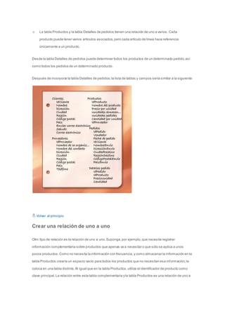 La tabla Productos y la tabla Detalles de pedidos tienen una relación de uno a varios. Cada 
producto puede tener varios artículos asociados, pero cada artículo de línea hace referencia 
únicamente a un producto. 
Desde la tabla Detalles de pedidos puede determinar todos los productos de un determinado pedido, así 
como todos los pedidos de un determinado producto. 
Después de incorporar la tabla Detalles de pedidos, la lista de tablas y campos sería similar a la siguiente: 
Volver al principio 
Crear una relación de uno a uno 
Otro tipo de relación es la relación de uno a uno. Suponga, por ejemplo, que necesita registrar 
información complementaria sobre productos que apenas va a necesitar o que sólo se aplica a unos 
pocos productos. Como no necesita la información con frecuencia, y como almacenar la información en la 
tabla Productos crearía un espacio vacío para todos los productos que no necesitan esa información, la 
coloca en una tabla distinta. Al igual que en la tabla Productos, utiliza el identificador de producto como 
clave principal. La relación entre esta tabla complementaria y la tabla Productos es una relación de uno a 
 