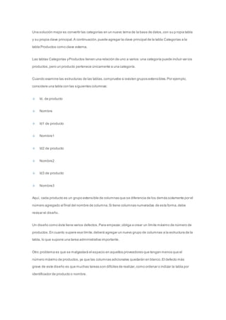 Una solución mejor es convertir las categorías en un nuevo tema de la base de datos, con su p ropia tabla 
y su propia clave principal. A continuación, puede agregar la clave principal de la tabla Categorías a la 
tabla Productos como clave externa. 
Las tablas Categorías y Productos tienen una relación de uno a varios: una categoría puede incluir var ios 
productos, pero un producto pertenece únicamente a una categoría. 
Cuando examine las estructuras de las tablas, compruebe si existen grupos extensibles. Por ejemplo, 
considere una tabla con las siguientes columnas: 
Id. de producto 
Nombre 
Id1 de producto 
Nombre1 
Id2 de producto 
Nombre2 
Id3 de producto 
Nombre3 
Aquí, cada producto es un grupo extensible de columnas que se diferencia de los demás solamente por el 
número agregado al final del nombre de columna. Si tiene columnas numeradas de esta forma, debe 
revisar el diseño. 
Un diseño como éste tiene varios defectos. Para empezar, obliga a crear un límite máximo de número de 
productos. En cuanto supere ese límite, deberá agregar un nuevo grupo de columnas a la estructura de la 
tabla, lo que supone una tarea administrativa importante. 
Otro problema es que se malgastará el espacio en aquellos proveedores que tengan menos que el 
número máximo de productos, ya que las columnas adicionales quedarán en blanco. El defecto más 
grave de este diseño es que muchas tareas son difíciles de realizar, como ordenar o indizar la tabla por 
identificador de producto o nombre. 
 