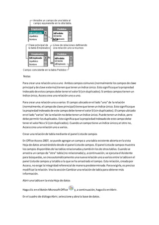 Notas 
Para crear una relación uno a uno Ambos campos comunes (normalmente los campos de clave 
principal y de clave externa) tienen que tener un índice único. Esto significa que la propiedad 
Indexado de estos campos debe tener el valor Sí (sin duplicados). Si ambos campos tienen un 
índice único, Access crea una relación uno a uno. 
Para crear una relación uno a varios El campo ubicado en el lado "uno" de la relación 
(normalmente, el campo de clave principal) tiene que tener un índice único. Esto significa que 
la propiedad Indexado de este campo debe tener el valor Sí (sin duplicados). El campo ubicado 
en el lado "varios" de la relación no debe tener un índice único. Puede tener un índice, pero 
debe permitir los duplicados. Esto significa que la propiedad Indexado de este campo debe 
tener el valor No o Sí (con duplicados). Cuando un campo tiene un índice único y el otro no, 
Access crea una relación uno a varios. 
Crear una relación de tabla mediante el panel Lista de campos 
En Office Access 2007, se puede agregar un campo a una tabla existente abierta en la vista 
Hoja de datos arrastrándolo desde el panel Lista de campos. El panel Lista de campos muestra 
los campos disponibles de las tablas relacionadas y también los de otras tablas. Cuando se 
arrastra un campo de "otra" tabla (no relacionada) y, a continuación, se ejecuta el Asistente 
para búsquedas, se crea automáticamente una nueva relación uno a varios entre la tabla en el 
panel Lista de campos y la tabla a la que se ha arrastrado el campo. Esta relación, creada por 
Access, no exige la integridad referencial de manera predeterminada. Para exigirla, es preciso 
modificar la relación. Vea la sección Cambiar una relación de tabla para obtener más 
información. 
Abrir una tabla en la vista Hoja de datos 
Haga clic en el Botón Microsoft Office y, a continuación, haga clic en Abrir. 
En el cuadro de diálogo Abrir, seleccione y abra la base de datos. 
 