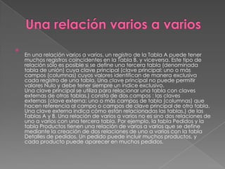 Una relación varios a variosEn una relación varios a varios, un registro de la Tabla A puede tener muchos registros coincidentes en la Tabla B, y viceversa. Este tipo de relación sólo es posible si se define una tercera tabla (denominada tabla de unión) cuya clave principal (clave principal: uno o más campos (columnas) cuyos valores identifican de manera exclusiva cada registro de una tabla. Una clave principal no puede permitir valores Nulo y debe tener siempre un índice exclusivo. Una clave principal se utiliza para relacionar una tabla con claves externas de otras tablas.) consta de dos campos : las claves externas (clave externa: uno o más campos de tabla (columnas) que hacen referencia al campo o campos de clave principal de otra tabla. Una clave externa indica cómo están relacionadas las tablas.) de las Tablas A y B. Una relación de varios a varios no es sino dos relaciones de uno a varios con una tercera tabla. Por ejemplo, la tabla Pedidos y la tabla Productos tienen una relación de varios a varios que se define mediante la creación de dos relaciones de uno a varios con la tabla Detalles de pedidos. Un pedido puede incluir muchos productos, y cada producto puede aparecer en muchos pedidos.