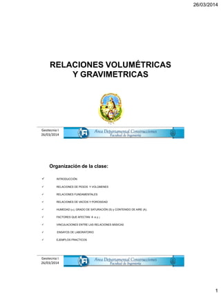26/03/2014
1
RELACIONES VOLUMÉTRICAS
Y GRAVIMETRICAS
Geotecnia I
26/03/2014 1
Organización de la clase:
Geotecnia I
26/03/2014
 INTRODUCCIÓN
 RELACIONES DE PESOS Y VOLÚMENES
 RELACIONES FUNDAMENTALES
 RELACIONES DE VACÍOS Y POROSIDAD
 HUMEDAD ( ), GRADO DE SATURACIÓN (S) y CONTENIDO DE AIRE (A).
 FACTORES QUE AFECTAN A e y
 VINCULACIONES ENTRE LAS RELACIONES BÁSICAS
 ENSAYOS DE LABORATORIO
 EJEMPLOS PRACTICOS
2
 