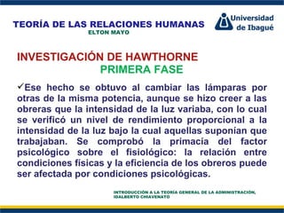 Perfil Profesional INVESTIGACIÓN DE HAWTHORNE PRIMERA FASE Ese hecho se obtuvo al cambiar las lámparas por otras de la misma potencia, aunque se hizo creer a las obreras que la intensidad de la luz variaba, con lo cual se verificó un nivel de rendimiento proporcional a la intensidad de la luz bajo la cual aquellas suponían que trabajaban. Se comprobó la primacía del factor psicológico sobre el fisiológico: la relación entre condiciones físicas y la eficiencia de los obreros puede ser afectada por condiciones psicológicas. TEORÍA DE LAS RELACIONES HUMANAS ELTON MAYO INTRODUCCIÓN A LA TEORÍA GENERAL DE LA ADMINISTRACIÓN, IDALBERTO CHIAVENATO 
