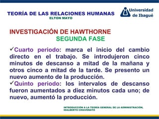 Perfil Profesional INVESTIGACIÓN DE HAWTHORNE SEGUNDA FASE Cuarto periodo : marca el inicio del cambio directo en el trabajo. Se introdujeron cinco minutos de descanso a mitad de la mañana y otros cinco a mitad de la tarde. Se presento un nuevo aumento de la producción.  Quinto periodo : los intervalos de descanso fueron aumentados a diez minutos cada uno; de nuevo, aumentó la producción.  TEORÍA DE LAS RELACIONES HUMANAS ELTON MAYO INTRODUCCIÓN A LA TEORÍA GENERAL DE LA ADMINISTRACIÓN, IDALBERTO CHIAVENATO 
