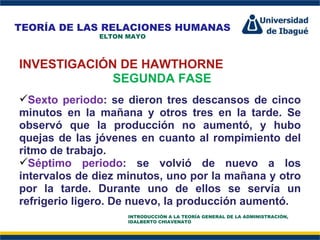 Perfil Profesional INVESTIGACIÓN DE HAWTHORNE SEGUNDA FASE Sexto periodo : se dieron tres descansos de cinco minutos en la mañana y otros tres en la tarde. Se observó que la producción no aumentó, y hubo quejas de las jóvenes en cuanto al rompimiento del ritmo de trabajo.  Séptimo periodo : se volvió de nuevo a los intervalos de diez minutos, uno por la mañana y otro por la tarde. Durante uno de ellos se servía un refrigerio ligero. De nuevo, la producción aumentó.  TEORÍA DE LAS RELACIONES HUMANAS ELTON MAYO INTRODUCCIÓN A LA TEORÍA GENERAL DE LA ADMINISTRACIÓN, IDALBERTO CHIAVENATO 