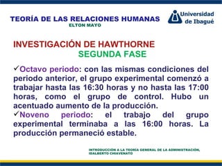 Perfil Profesional INVESTIGACIÓN DE HAWTHORNE SEGUNDA FASE Octavo periodo : con las mismas condiciones del periodo anterior, el grupo experimental comenzó a trabajar hasta las 16:30 horas y no hasta las 17:00 horas, como el grupo de control. Hubo un acentuado aumento de la producción.  Noveno periodo : el trabajo del grupo experimental terminaba a las 16:00 horas. La producción permaneció estable.  TEORÍA DE LAS RELACIONES HUMANAS ELTON MAYO INTRODUCCIÓN A LA TEORÍA GENERAL DE LA ADMINISTRACIÓN, IDALBERTO CHIAVENATO 