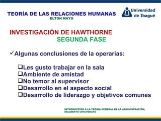 Perfil Profesional INVESTIGACIÓN DE HAWTHORNE SEGUNDA FASE Algunas conclusiones de la operarias: Les gusto trabajar en la sala Ambiente de amistad No temor al supervisor Desarrollo en el aspecto social Desarrollo de liderazgo y objetivos comunes TEORÍA DE LAS RELACIONES HUMANAS ELTON MAYO INTRODUCCIÓN A LA TEORÍA GENERAL DE LA ADMINISTRACIÓN, IDALBERTO CHIAVENATO 