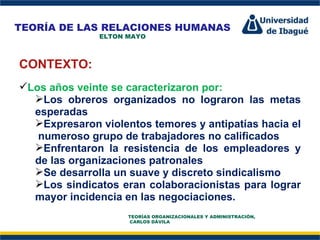 Perfil Profesional CONTEXTO: Los años veinte se caracterizaron por: Los obreros organizados no lograron las metas esperadas Expresaron violentos temores y antipatías hacia el  numeroso grupo de trabajadores no calificados Enfrentaron la resistencia de los empleadores y de las organizaciones patronales Se desarrolla un suave y discreto sindicalismo Los sindicatos eran colaboracionistas para lograr mayor incidencia en las negociaciones. TEORÍA DE LAS RELACIONES HUMANAS ELTON MAYO TEORÍAS ORGANIZACIONALES Y ADMINISTRACIÓN,  CARLOS DÁVILA 