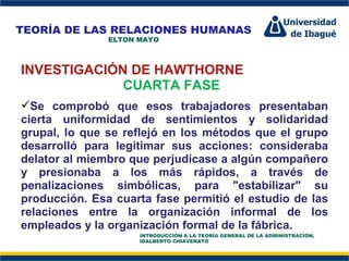 Perfil Profesional INVESTIGACIÓN DE HAWTHORNE CUARTA FASE Se comprobó que esos trabajadores presentaban cierta uniformidad de sentimientos y solidaridad grupal, lo que se reflejó en los métodos que el grupo desarrolló para legitimar sus acciones: consideraba delator al miembro que perjudicase a algún compañero y presionaba a los más rápidos, a través de penalizaciones simbólicas, para "estabilizar" su producción. Esa cuarta fase permitió el estudio de las relaciones entre la organización informal de los empleados y la organización formal de la fábrica. TEORÍA DE LAS RELACIONES HUMANAS ELTON MAYO INTRODUCCIÓN A LA TEORÍA GENERAL DE LA ADMINISTRACIÓN, IDALBERTO CHIAVENATO 