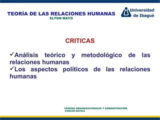 Perfil Profesional CRITICAS Análisis teórico y metodológico de las relaciones humanas Los aspectos políticos de las relaciones humanas TEORÍA DE LAS RELACIONES HUMANAS ELTON MAYO TEORÍAS ORGANIZACIONALES Y ADMINISTRACIÓN,  CARLOS DÁVILA 