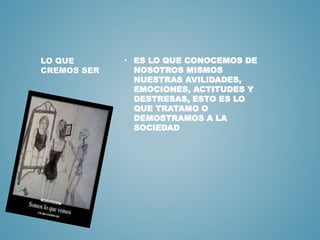 • ES LO QUE CONOCEMOS DE 
NOSOTROS MISMOS 
NUESTRAS AVILIDADES, 
EMOCIONES, ACTITUDES Y 
DESTRESAS, ESTO ES LO 
QUE TRATAMO O 
DEMOSTRAMOS A LA 
SOCIEDAD 
LO QUE 
CREMOS SER 
 