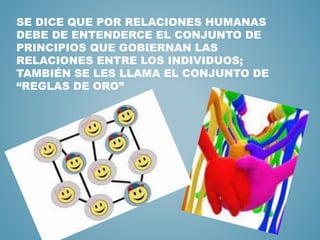 SE DICE QUE POR RELACIONES HUMANAS 
DEBE DE ENTENDERCE EL CONJUNTO DE 
PRINCIPIOS QUE GOBIERNAN LAS 
RELACIONES ENTRE LOS INDIVIDUOS; 
TAMBIÉN SE LES LLAMA EL CONJUNTO DE 
“REGLAS DE ORO” 
 