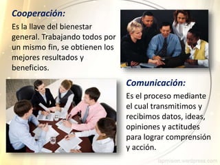 Cooperación:
Es la llave del bienestar
general. Trabajando todos por
un mismo fin, se obtienen los
mejores resultados y
beneficios.
Comunicación:
Es el proceso mediante
el cual transmitimos y
recibimos datos, ideas,
opiniones y actitudes
para lograr comprensión
y acción.
 