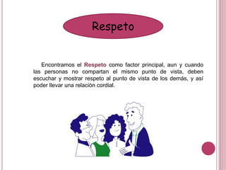 Encontramos el Respeto como factor principal, aun y cuando
las personas no compartan el mismo punto de vista, deben
escuchar y mostrar respeto al punto de vista de los demás, y así
poder llevar una relación cordial.
Respeto
 