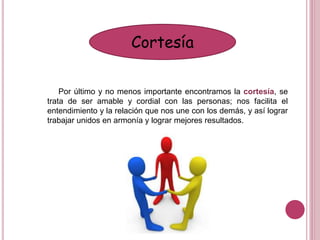 Cortesía
Por último y no menos importante encontramos la cortesía, se
trata de ser amable y cordial con las personas; nos facilita el
entendimiento y la relación que nos une con los demás, y así lograr
trabajar unidos en armonía y lograr mejores resultados.
 