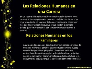 Las Relaciones Humanas en
una Carrera
En una carrera las relaciones humanas hace símbolo del nivel
de educación que posee esa persona, también la tolerancia es
muy importante no siempre debemos reaccionar a cosas que
nos puede perjudicar después, porque existen o siempre
donde quiera hay personas con temperamentos distintos al
nuestro.
Relaciones Humanas en los
Familiares
Aquí sin duda alguna es donde primero debemos aprender de
nuestros mayores a obtener esta conducta humana puesto
que desde que somos pequeños obtenemos nuestras
costumbres de nuestros padres y demás familiares y si ellos
nos enseñan buenas costumbres la reproducción futura será
un ejemplo a seguir, porque la educación comienza en la casa.
 