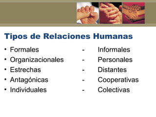 Tipos de Relaciones Humanas
•   Formales           -   Informales
•   Organizacionales   -   Personales
•   Estrechas          -   Distantes
•   Antagónicas        -   Cooperativas
•   Individuales       -   Colectivas
 