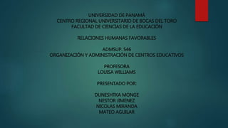 UNIVERSIDAD DE PANAMÁ
CENTRO REGIONAL UNIVERSITARIO DE BOCAS DEL TORO
FACULTAD DE CIENCIAS DE LA EDUCACIÓN
RELACIONES HUMANAS FAVORABLES
ADMSUP. 546
ORGANIZACIÓN Y ADMINISTRACIÓN DE CENTROS EDUCATIVOS
PROFESORA
LOUISA WILLIAMS
PRESENTADO POR:
DUNESHTKA MONGE
NESTOR JIMENEZ
NICOLAS MIRANDA
MATEO AGUILAR
 