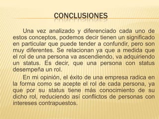 CONCLUSIONES
Una vez analizado y diferenciado cada uno de
estos conceptos, podemos decir tienen un significado
en particular que puede tender a confundir, pero son
muy diferentes. Se relacionan ya que a medida que
el rol de una persona va ascendiendo, va adquiriendo
un status. Es decir, que una persona con status
desempeña un rol.
En mi opinión, el éxito de una empresa radica en
la forma como se acepte el rol de cada persona, ya
que por su status tiene más conocimiento de su
dicho rol, reduciendo así conflictos de personas con
intereses contrapuestos.
 