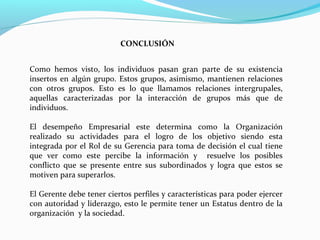 Como hemos visto, los individuos pasan gran parte de su existencia
insertos en algún grupo. Estos grupos, asimismo, mantienen relaciones
con otros grupos. Esto es lo que llamamos relaciones intergrupales,
aquellas caracterizadas por la interacción de grupos más que de
individuos.
El desempeño Empresarial este determina como la Organización
realizado su actividades para el logro de los objetivo siendo esta
integrada por el Rol de su Gerencia para toma de decisión el cual tiene
que ver como este percibe la información y resuelve los posibles
conflicto que se presente entre sus subordinados y logra que estos se
motiven para superarlos.
El Gerente debe tener ciertos perfiles y características para poder ejercer
con autoridad y liderazgo, esto le permite tener un Estatus dentro de la
organización y la sociedad.
CONCLUSIÓN
 