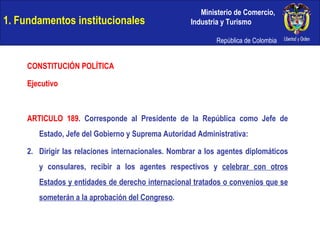 1. Fundamentos institucionales CONSTITUCIÓN POLÍTICA Ejecutivo ARTICULO 189 . Corresponde al Presidente de la República como Jefe de Estado, Jefe del Gobierno y Suprema Autoridad Administrativa:  2. Dirigir las relaciones internacionales. Nombrar a los agentes diplomáticos y consulares, recibir a los agentes respectivos y  celebrar con otros Estados y entidades de derecho internacional tratados o convenios que se someterán a la aprobación del Congreso .  