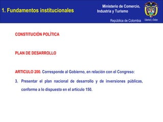 1. Fundamentos institucionales CONSTITUCIÓN POLÍTICA PLAN DE DESARROLLO ARTICULO 200 . Corresponde al Gobierno, en relación con el Congreso:  3. Presentar el plan nacional de desarrollo y de inversiones públicas, conforme a lo dispuesto en el artículo 150.  