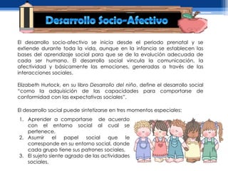 El desarrollo socio-afectivo se inicia desde el periodo prenatal y           se
extiende durante toda la vida, aunque en la infancia se establecen          las
bases del aprendizaje social para que se de la evolución adecuada           de
cada ser humano. El desarrollo social vincula la comunicación,               la
afectividad y básicamente las emociones, generadas a través de              las
interacciones sociales.

Elizabeth Hurlock, en su libro Desarrollo del niño, define el desarrollo social
“como la adquisición de las capacidades para comportarse de
conformidad con las expectativas sociales”.

El desarrollo social puede sintetizarse en tres momentos especiales:
1. Aprender a comportarse de acuerdo
   con el entorno social al cual se
   pertenece.
2. Asumir      el  papel   social   que    le
   corresponde en su entorno social, donde
   cada grupo tiene sus patrones sociales.
3. El sujeto siente agrado de las actividades
   sociales.
 