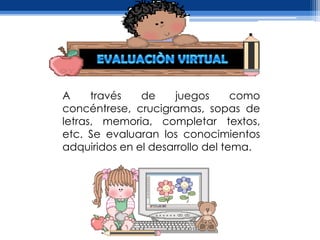 A     través   de     juegos      como
concéntrese, crucigramas, sopas de
letras, memoria, completar textos,
etc. Se evaluaran los conocimientos
adquiridos en el desarrollo del tema.
 