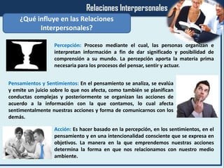 ¿Qué influye en las Relaciones
Interpersonales?
Percepción: Proceso mediante el cual, las personas organizan e
interpretan información a fin de dar significado y posibilidad de
comprensión a su mundo. La percepción aporta la materia prima
necesaria para los procesos del pensar, sentir y actuar.
Pensamientos y Sentimientos: En el pensamiento se analiza, se evalúa
y emite un juicio sobre lo que nos afecta, como también se planifican
conductas complejas y posteriormente se organizan las acciones de
acuerdo a la información con la que contamos, lo cual afecta
sentimentalmente nuestras acciones y forma de comunicarnos con los
demás.
Acción: Es hacer basado en la percepción, en los sentimientos, en el
pensamiento y en una intencionalidad consciente que se expresa en
objetivos. La manera en la que emprendemos nuestras acciones
determina la forma en que nos relacionamos con nuestro medio
ambiente.
 