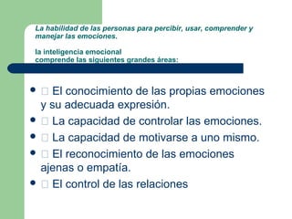 La habilidad de las personas para percibir, usar, comprender y
manejar las emociones.
la inteligencia emocional
comprende las siguientes grandes áreas:
 􀂃 El conocimiento de las propias emociones
y su adecuada expresión.
 􀂃 La capacidad de controlar las emociones.
 􀂃 La capacidad de motivarse a uno mismo.
 􀂃 El reconocimiento de las emociones
ajenas o empatía.
 􀂃 El control de las relaciones
 