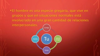 •El hombre es una especie gregaria, que vive en
grupos y que en situaciones normales está
involucrado en una gran cantidad de relaciones
interpersonales.
 