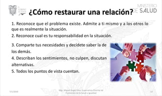 7/1/2020
Mgs. Miguel Ángel Silva, Especialista Distrital de
Promoción de la Salud e Igualdad
13
1. Reconoce que el problema existe. Admite a ti mismo y a los otros lo
que es realmente la situación.
2. Reconoce cual es tu responsabilidad en la situación.
3. Comparte tus necesidades y decídete saber la de
los demás.
4. Describan los sentimientos, no culpen, discutan
alternativas.
5. Todos los puntos de vista cuentan.
 