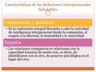 Comprensión y Sabiduría
• Es la realización integral llevando a cabo la actividad
de inteligencia interpersonal desde la compasión, el
respeto a la libertad, la honestidad y la sinceridad
Empatia
• Las relaciones compasivas se relacionan con la
capacidad humana de sentir-con, es decir, de
identificarse con el otro, de ponerse psicológica en el
lugar del otro.
Características de las Relaciones Interpersonales
Saludables
 