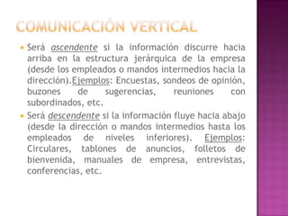 



Será ascendente si la información discurre hacia
arriba en la estructura jerárquica de la empresa
(desde los empleados o mandos intermedios hacia la
dirección).Ejemplos: Encuestas, sondeos de opinión,
buzones
de
sugerencias,
reuniones
con
subordinados, etc.
Será descendente si la información fluye hacia abajo
(desde la dirección o mandos intermedios hasta los
empleados de niveles inferiores). Ejemplos:
Circulares, tablones de anuncios, folletos de
bienvenida, manuales de empresa, entrevistas,
conferencias, etc.

 